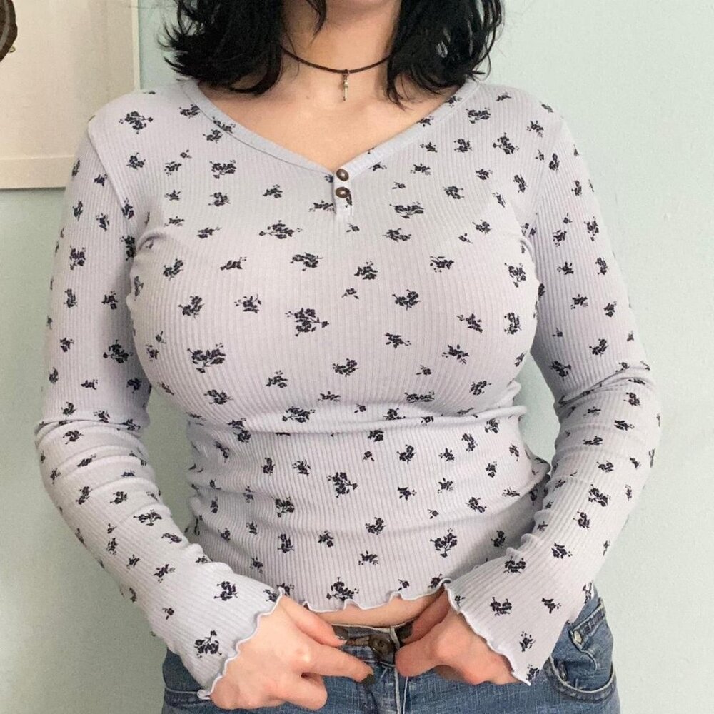 Old Navy Girls XL Blue Floral Ribbed Henley Long Sleeve Top Kids 14-16